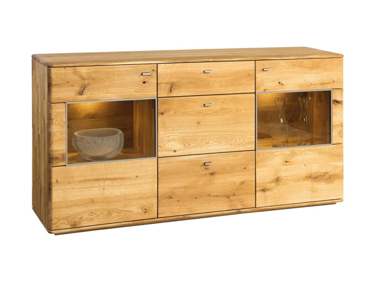 Drewniana komoda z przeszkleniami Maseri