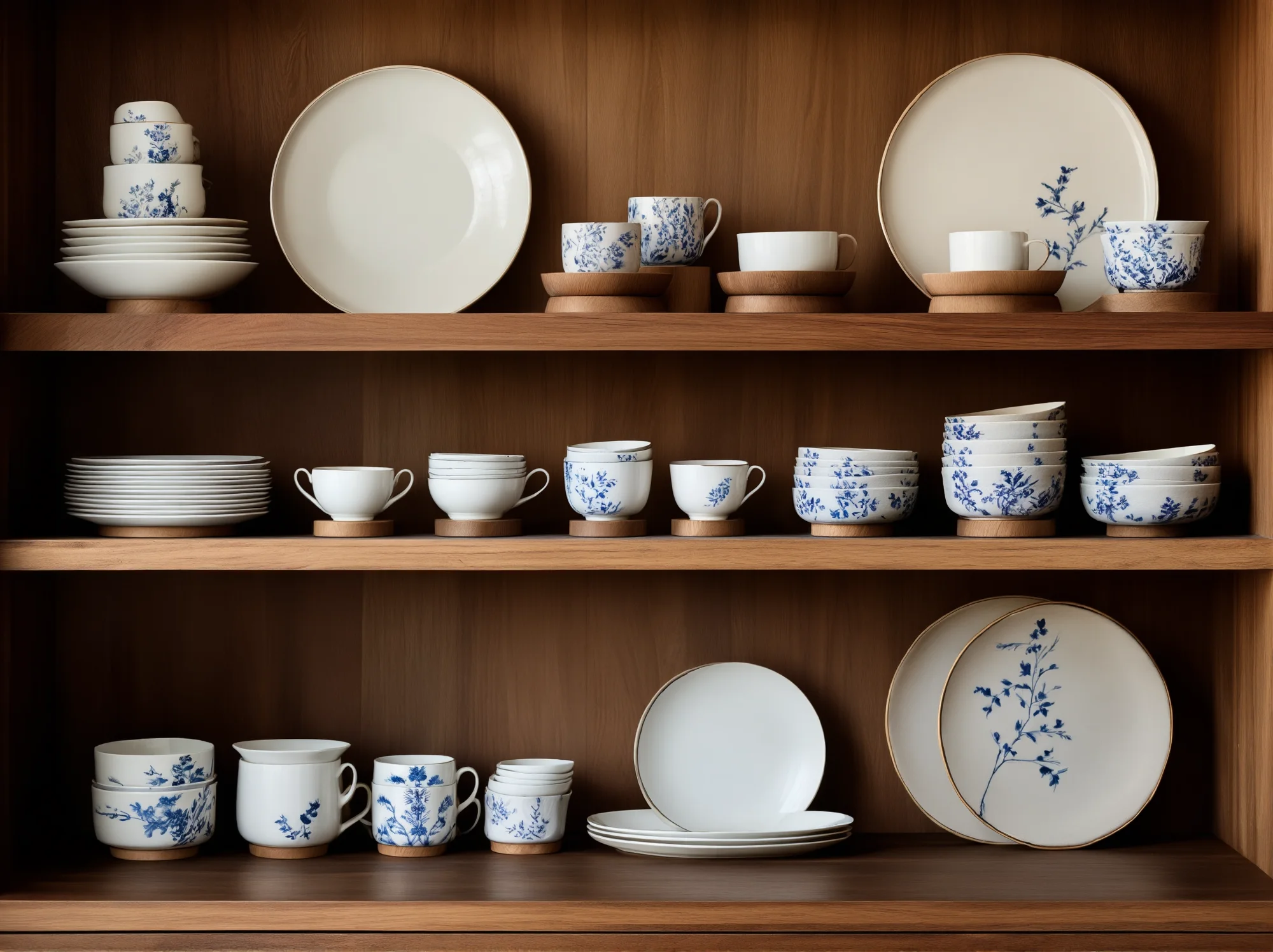 Porcelana w drewnianej witrynie ustawiona na jasnych półkach