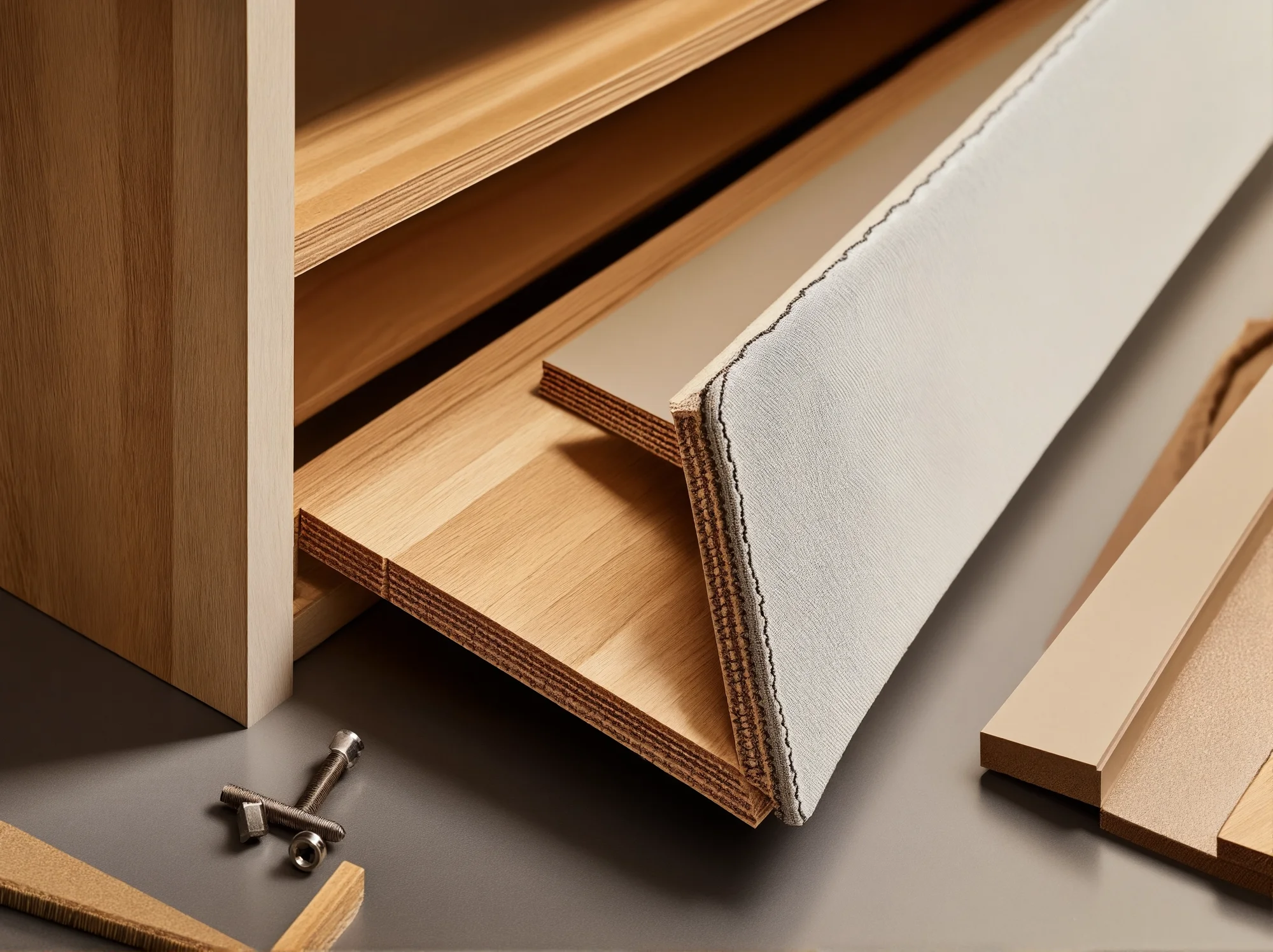 Drewno lite i płyta laminowana pokazujące różnice materiałów