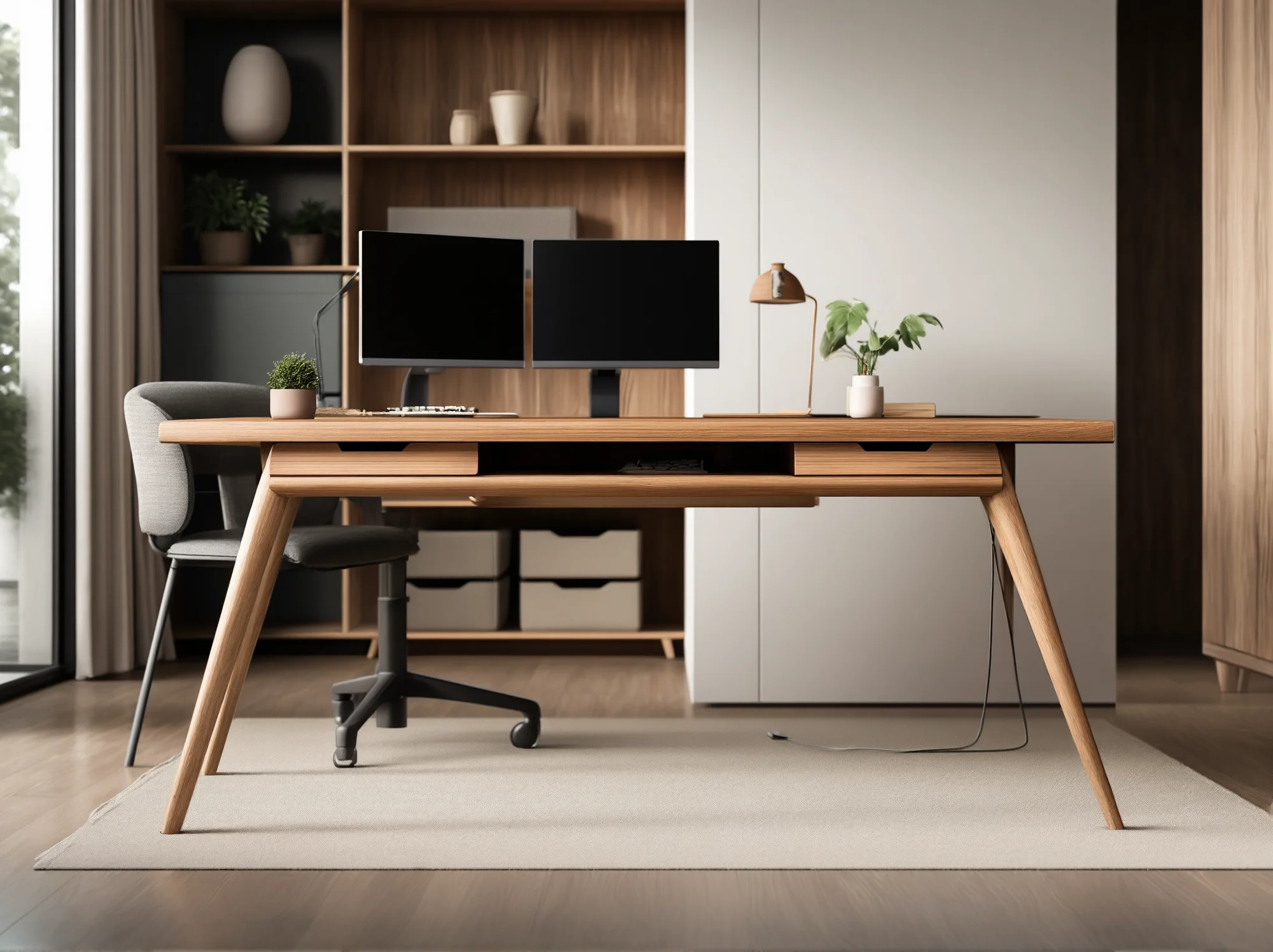 Biurko drewniane skandynawskie z lampą i ergonomicznym krzesłem