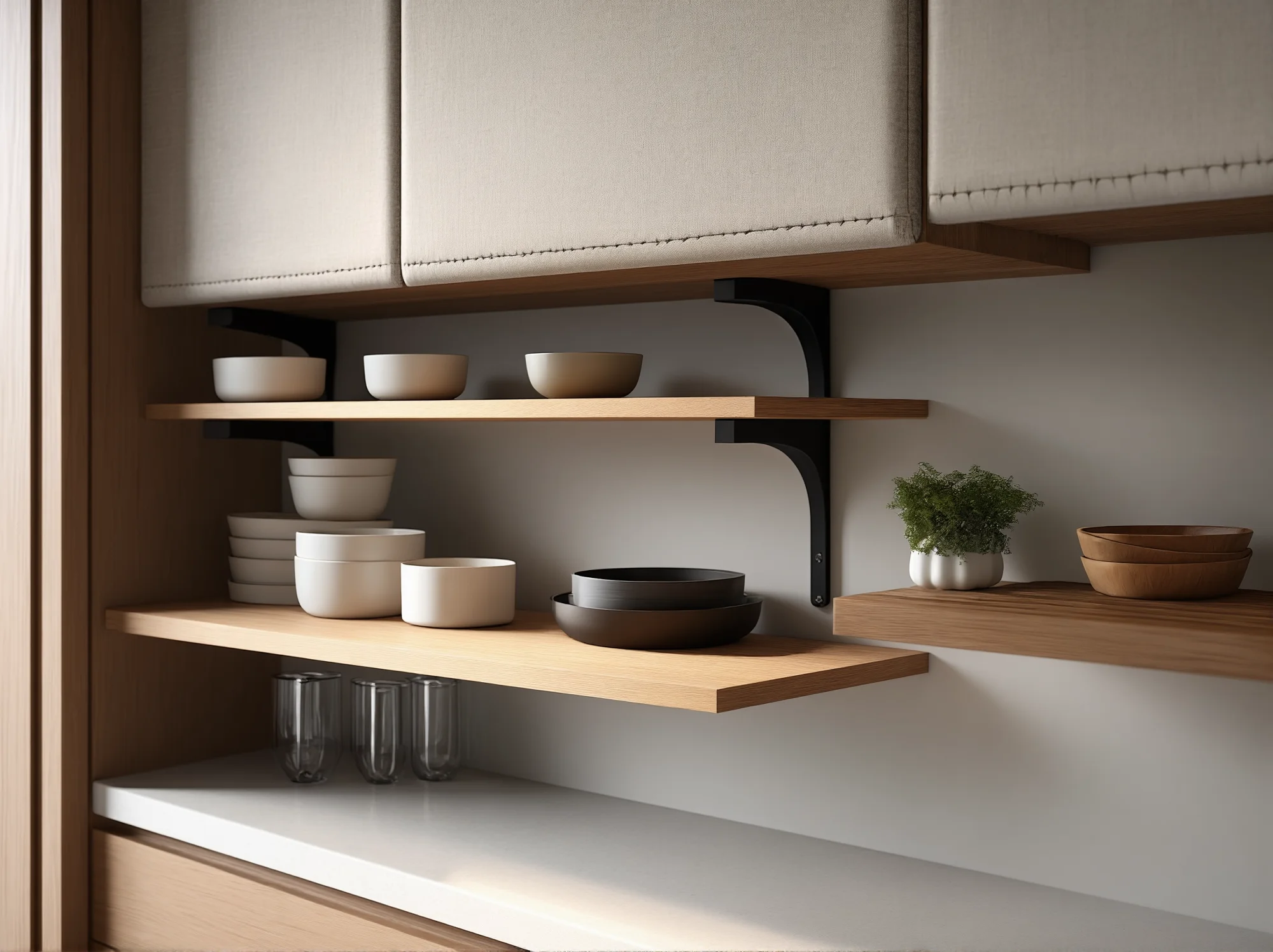Półka drewniana udekorowana książkami roślinami i ceramicznymi dodatkami