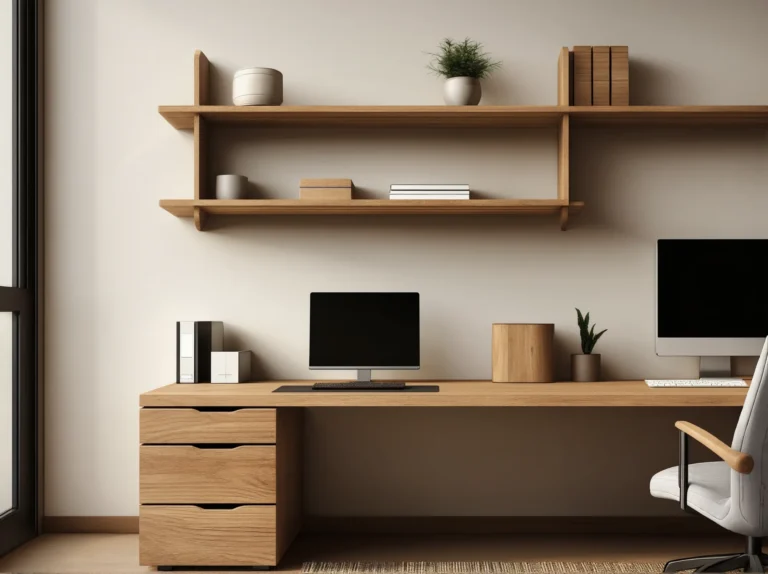 Polka drewniana nad biurkiem organizacja
