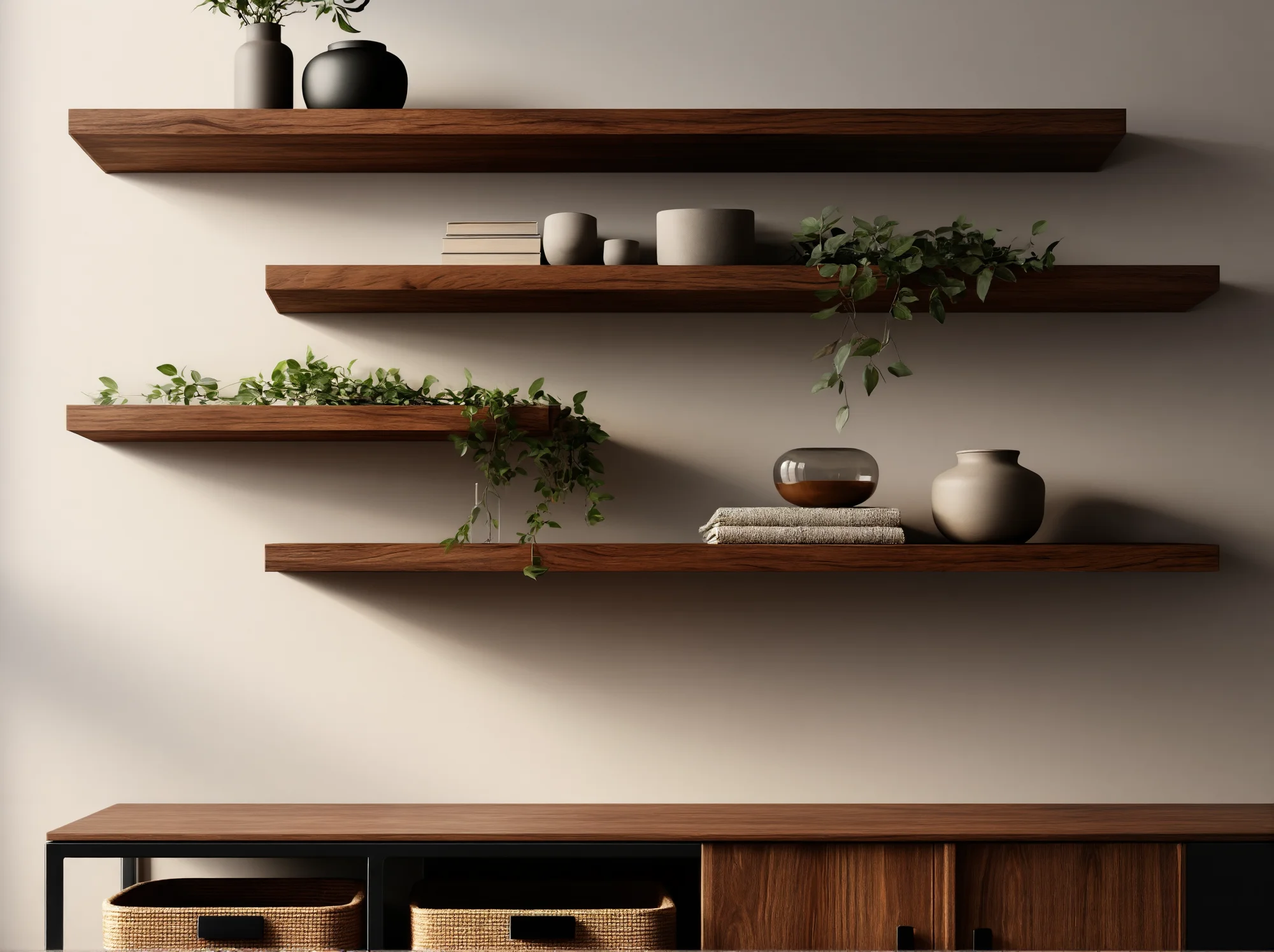 Półki drewniane do salonu ozdobione roślinami i ceramiką