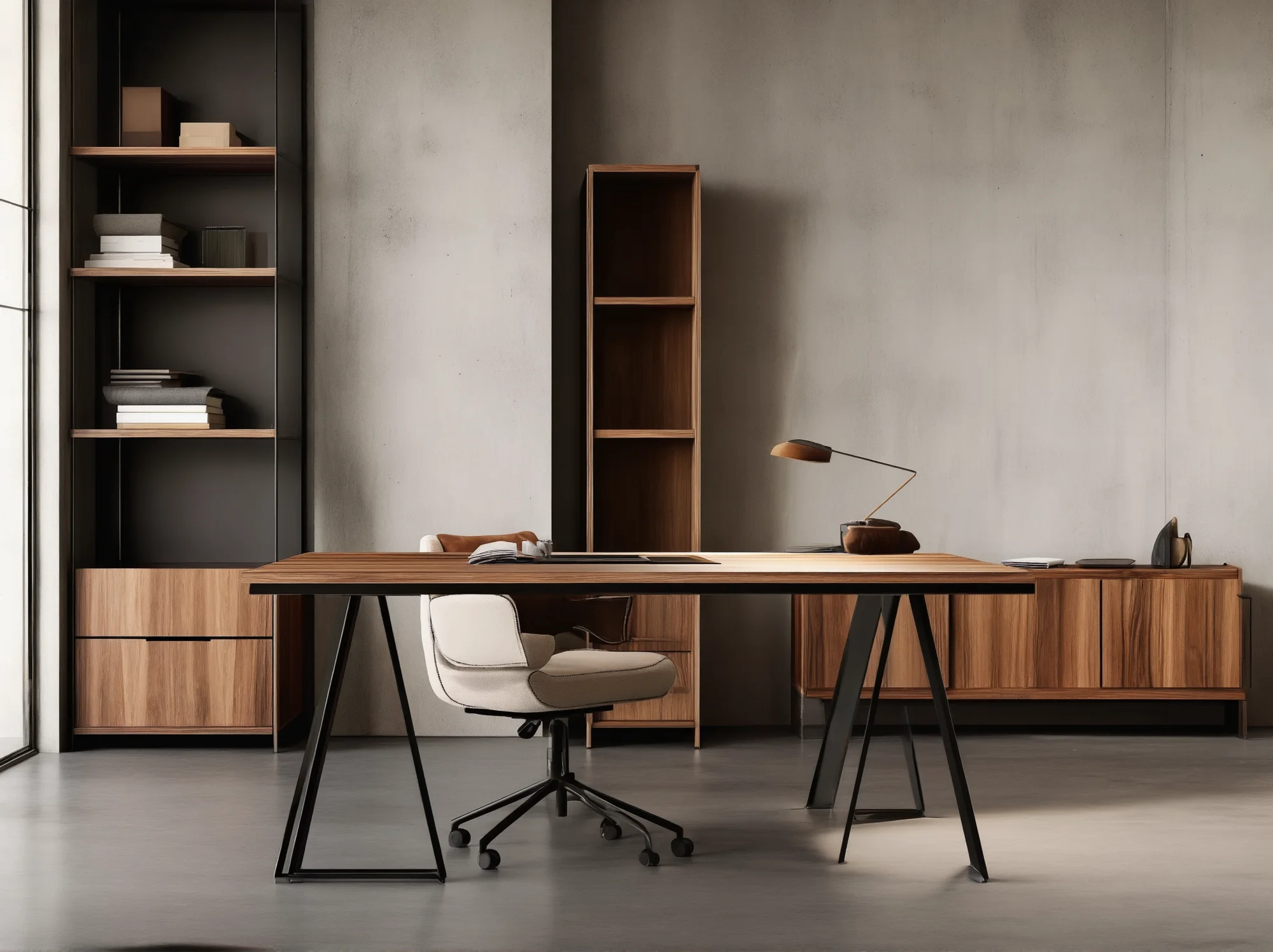 Meble drewniane w stylu loft na tle ceglanej ściany
