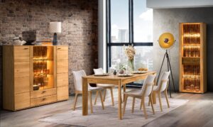 Salon w stylu industrialnym z drewnianymi meblami i podświetleniem LED, aranżacja wnętrza