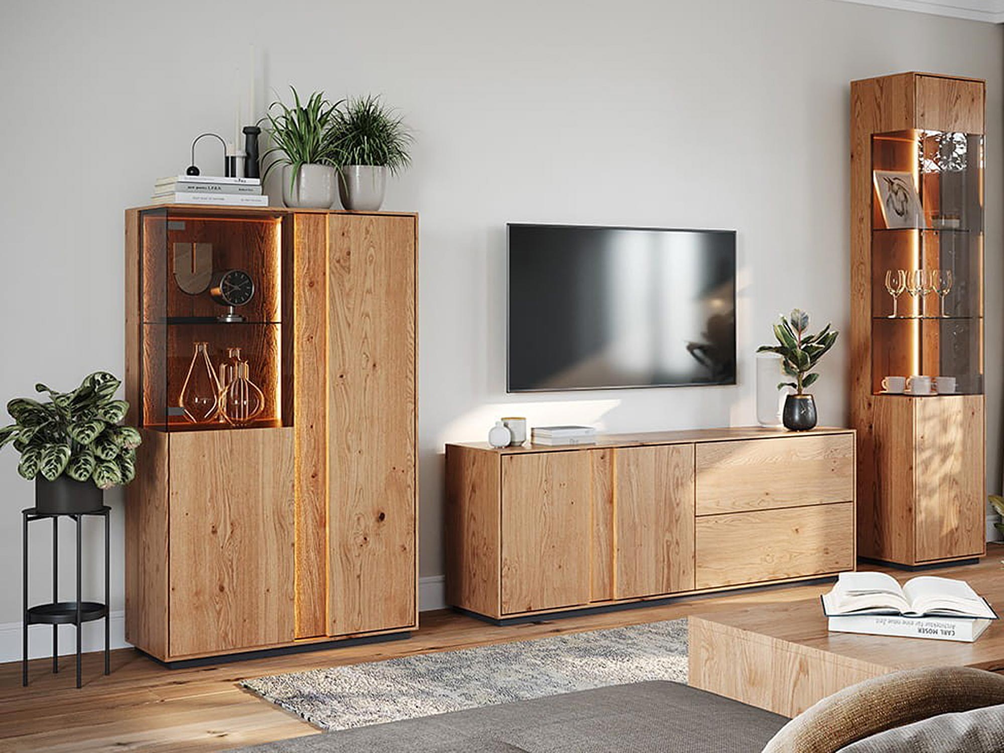 Zestaw zawierający witrynę szeroką i wąską oraz szafkę RTV w podświetleniem