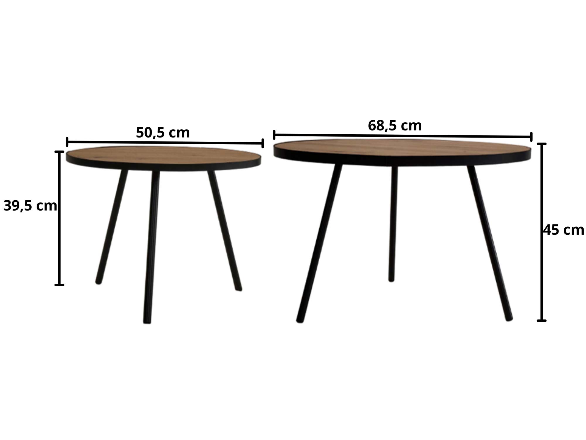 Zestaw stolików dębowych okrągłych wymiary katalogowe 50-68 cm