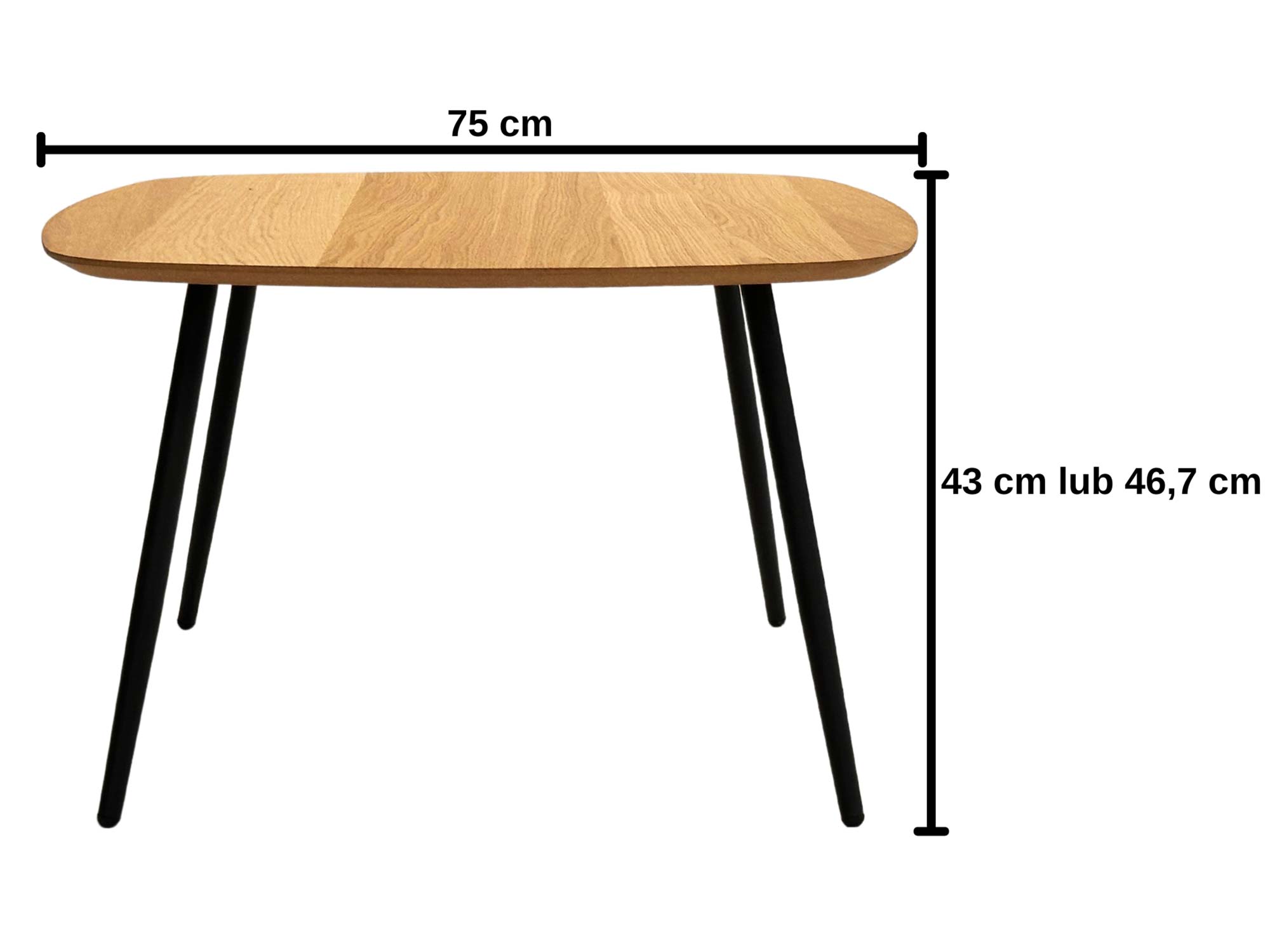 Stolik kawowy dębowy owalny z metalowymi nogami wymiary 75 cm