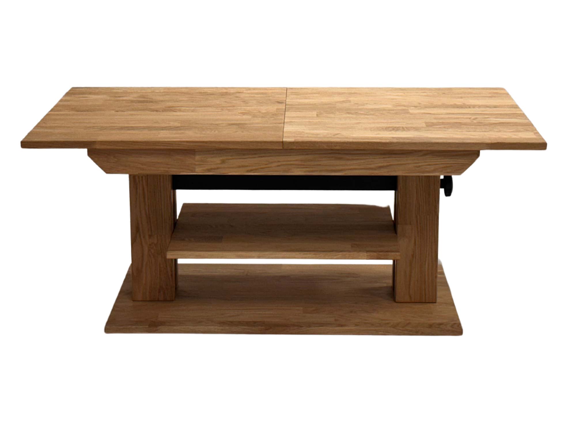Rozkładana ława dębowa z półką złożona widok frontalny