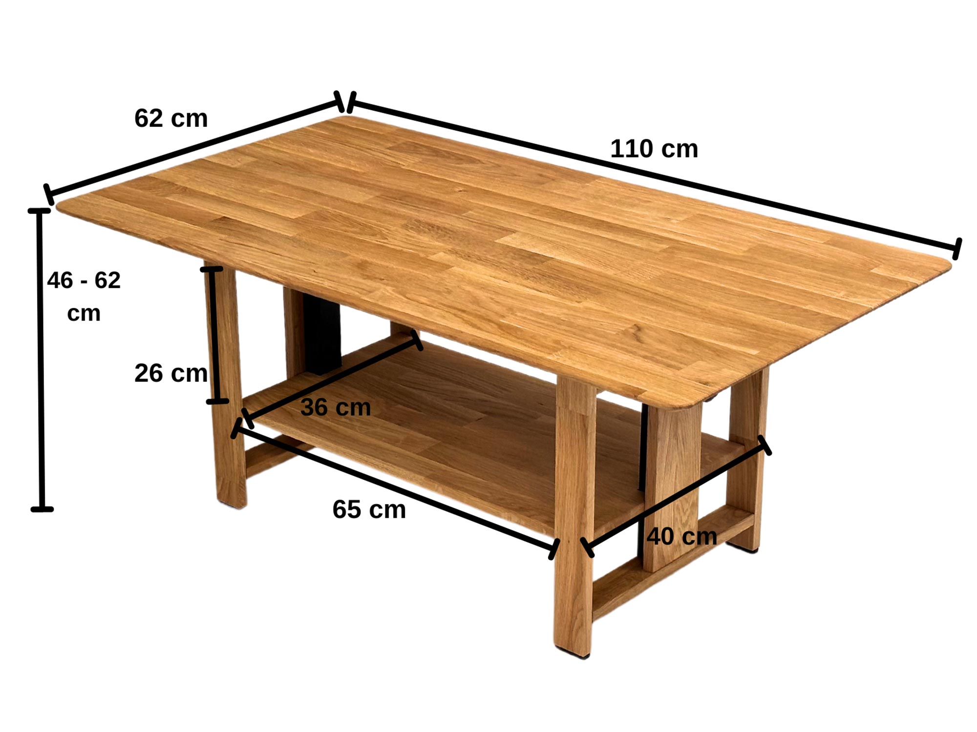 Stolik z wymiarami: szerokość 113 cm, głębokość 65 cm, wysokość 62 cm