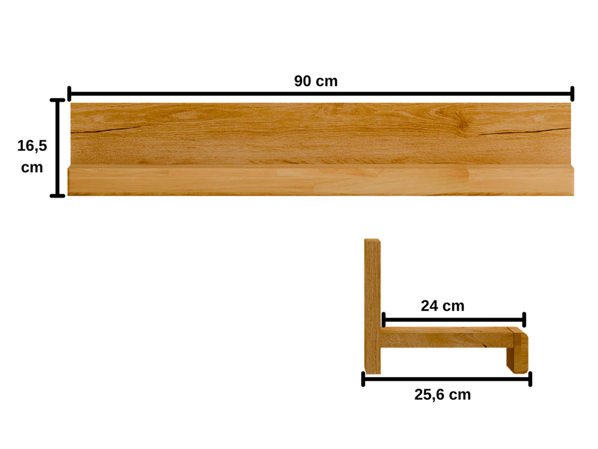 Półka dębowa ścienna 90 cm z wspornikiem wymiary