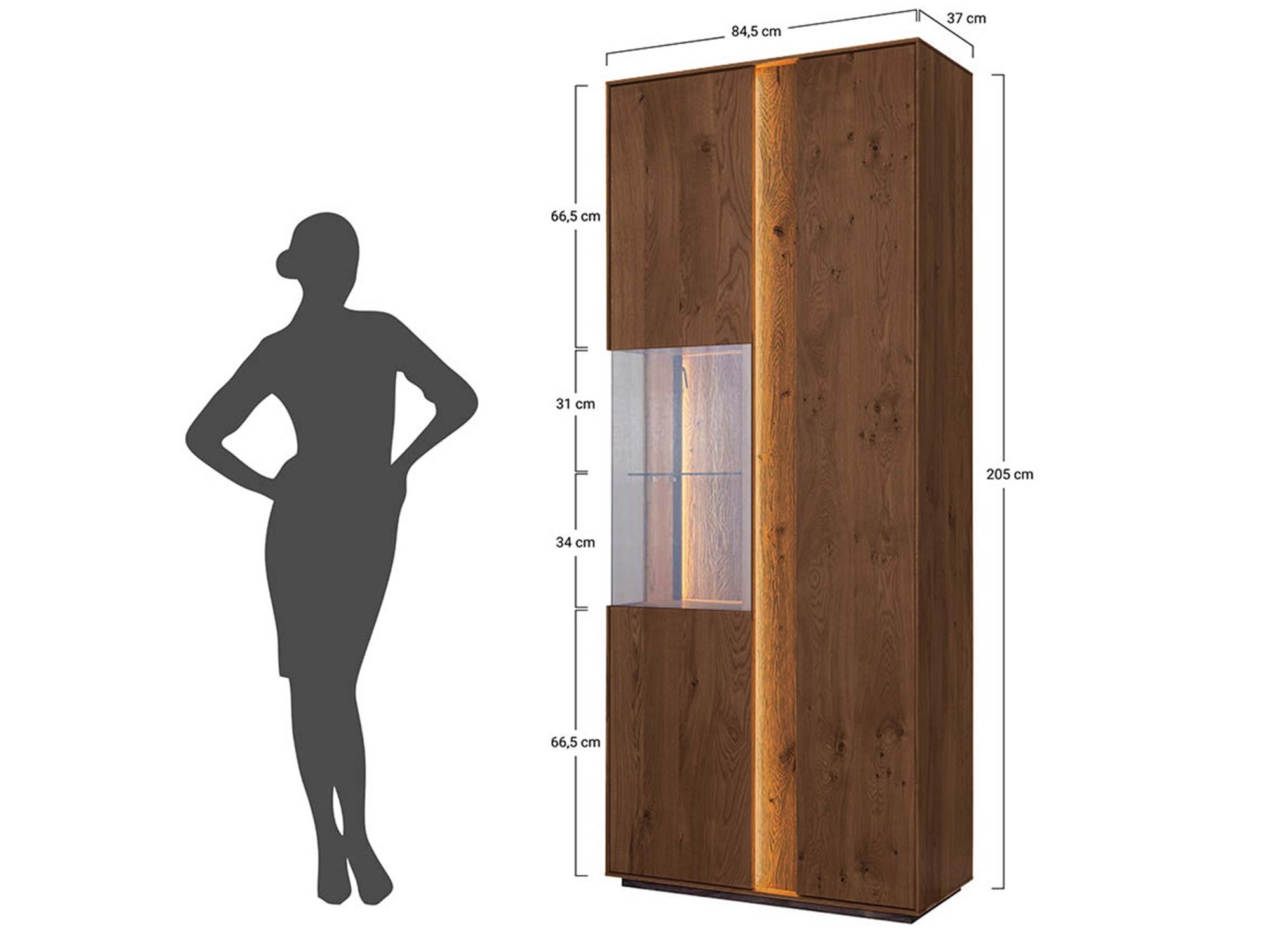 Schemat wymiarów witryny dwudrzwiowej tabacco z podświetleniem LED 84.5x37x205cm